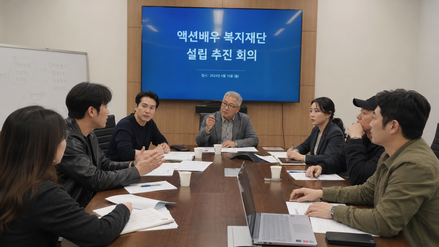 액션 배우 복지를 위한 재단 설립 회의를 하는 다양한 사람들이 있는 회의실