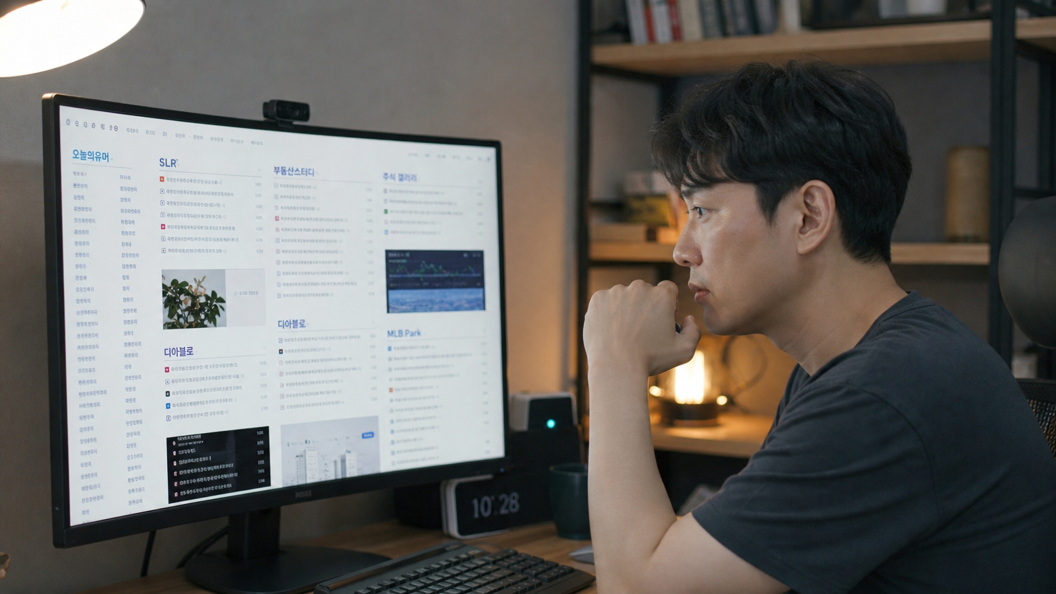 다양한 온라인 커뮤니티 게시판을 살펴보는 30대 남성의 모습