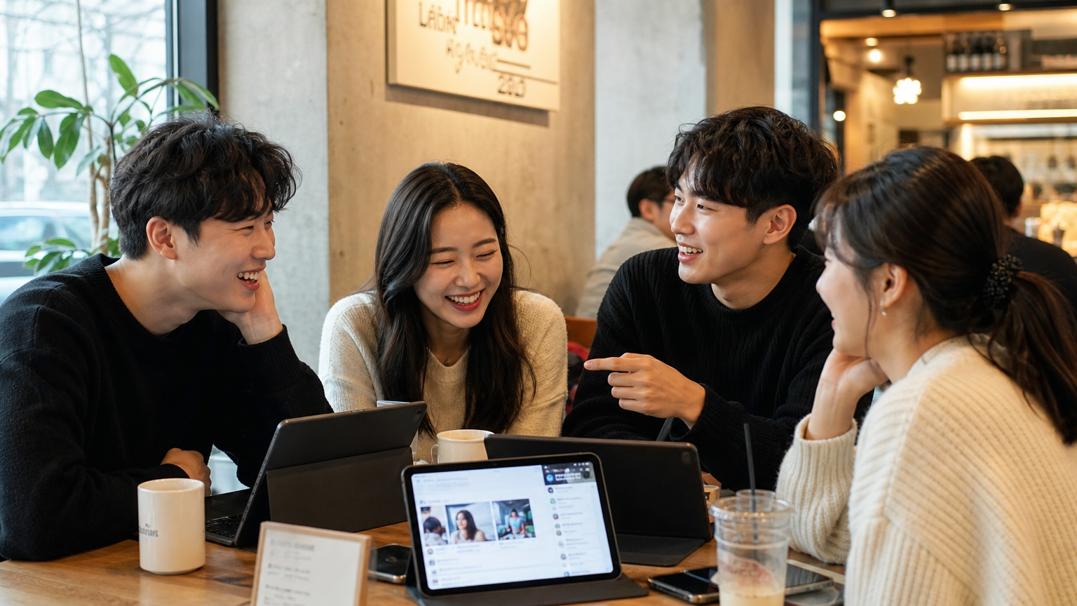 카페에서 디지털 기기를 사용하며 화제 콘텐츠를 이야기하는 젊은 성인들