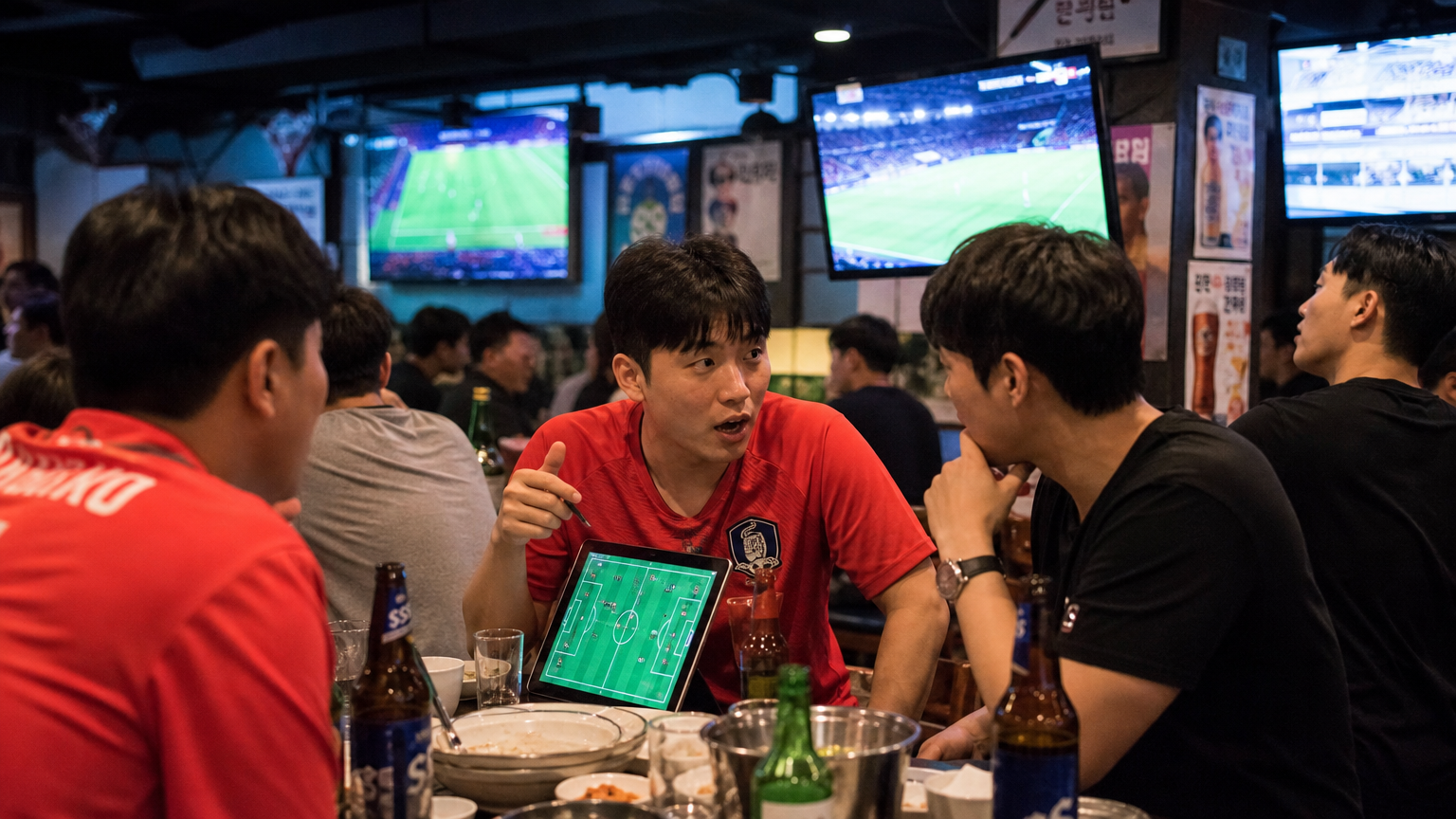 스포츠 바에서 축구 전략과 경기에 대해 열띤 토론을 하는 축구 팬들의 모습