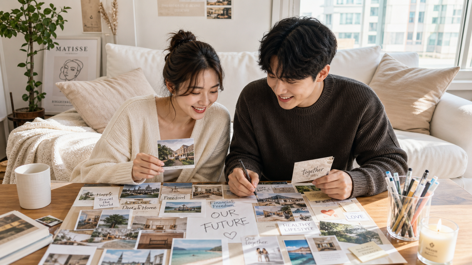 밝은 거실에서 비전 보드를 만드는 행복한 커플