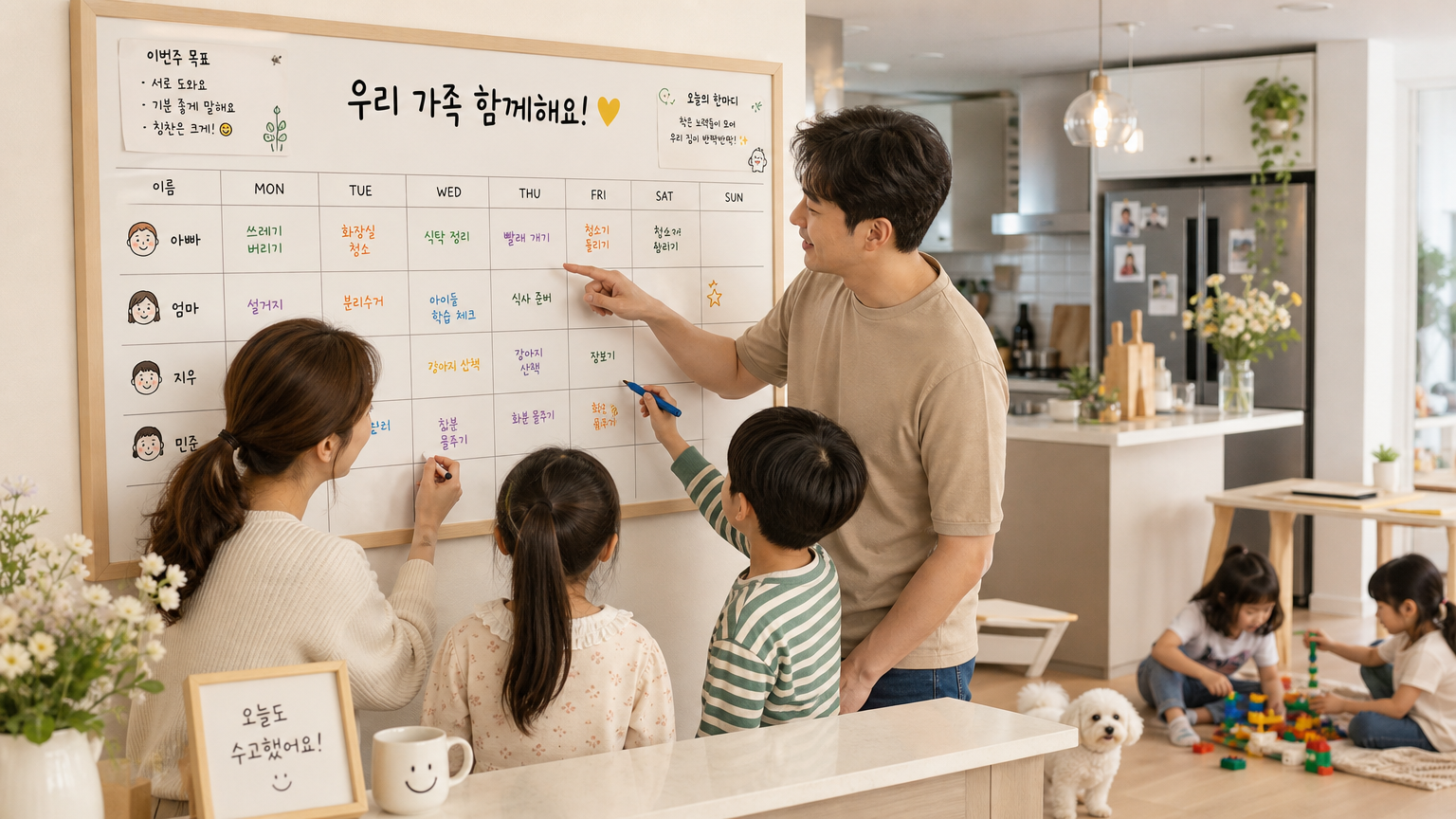주방에서 가사분담표를 만드는 바쁜 가족 모습