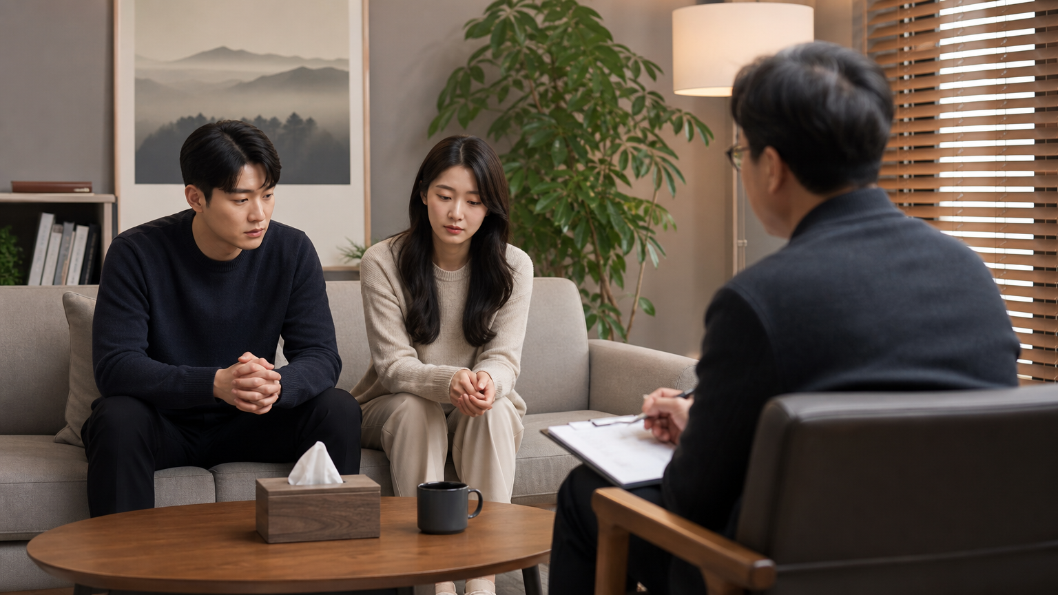 전문 상담사가 문제를 해결하는 과정에서 돕고 있는 커플