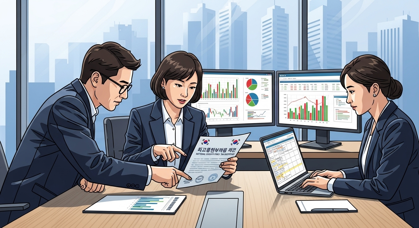 한국의 금융 전문가들이 사무실에서 국민성장펀드 세제 혜택 관련 문서를 검토하는 모습