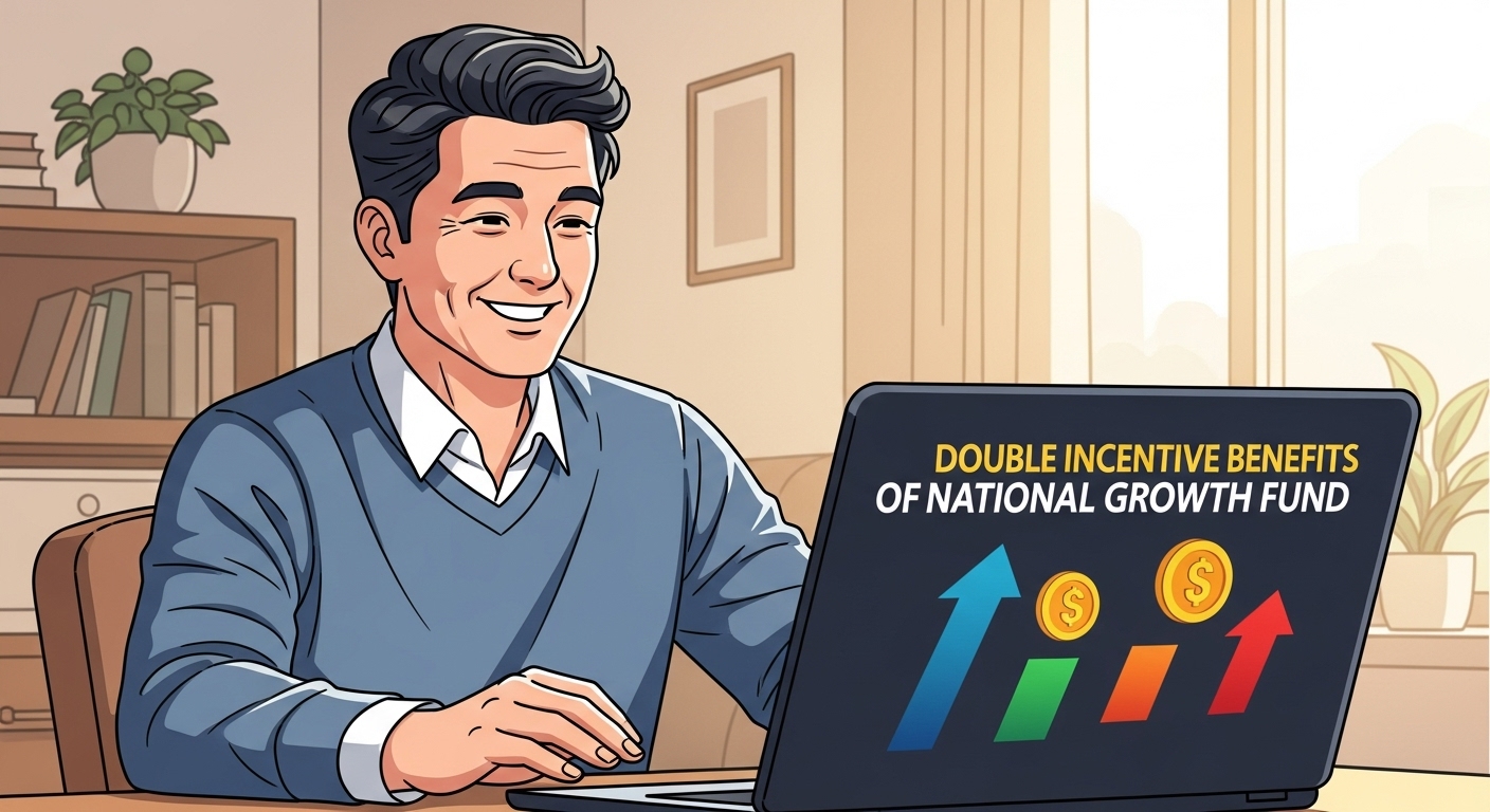 한국 투자자가 집무실에서 노트북 화면으로 국민성장펀드의 더블 인센티브 혜택을 보고 있는 장면