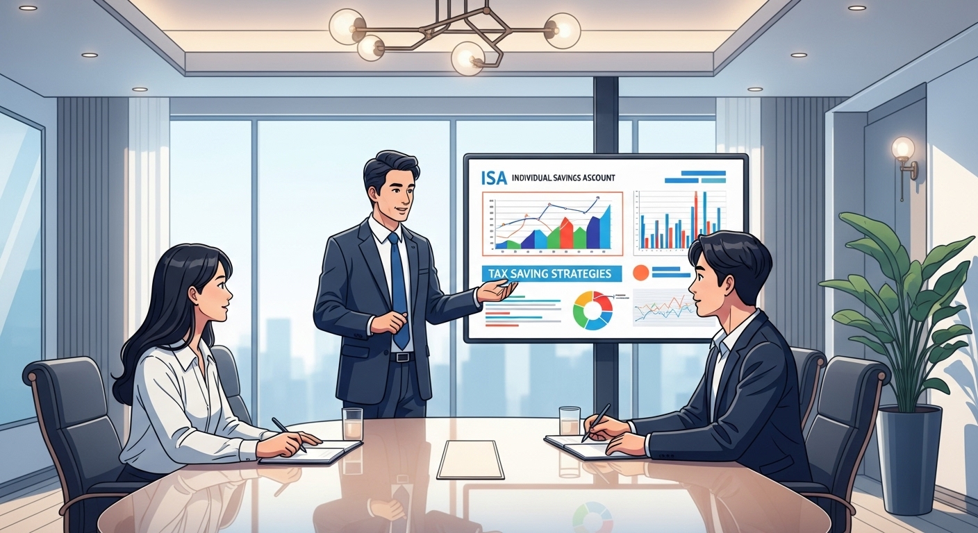 젊은 부부에게 ISA와 절세 전략을 설명하는 재정 컨설턴트의 모습