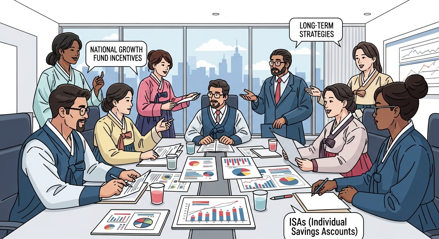 회의실에서 장기 성장 전략을 논의하는 한국인 투자자들의 전략 기획 회의 모습