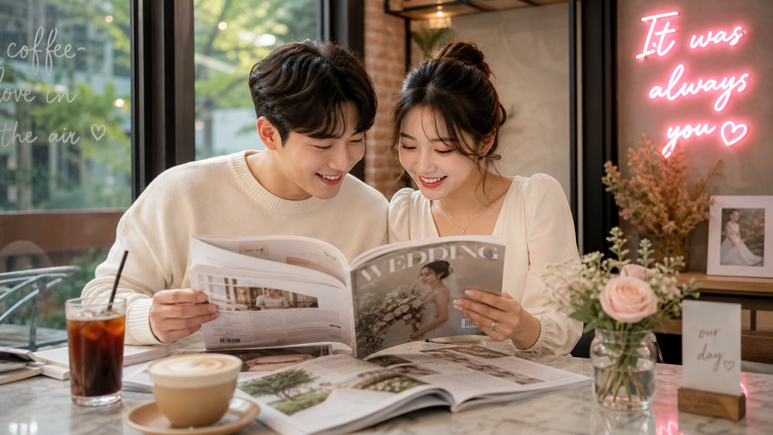 카페에서 웨딩 잡지를 보며 결혼 준비를 하는 커플