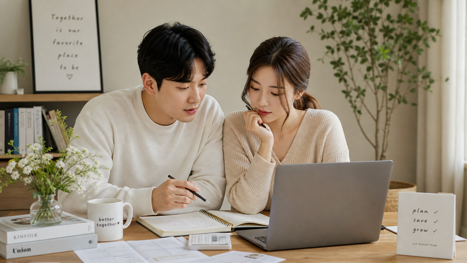 집에서 노트북과 메모로 예산 계획을 논의하는 신혼부부