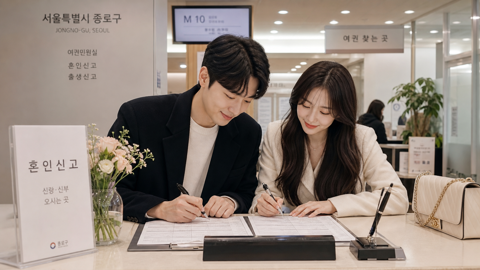 서울 관공서 창구에서 혼인 신고서를 작성하는 커플