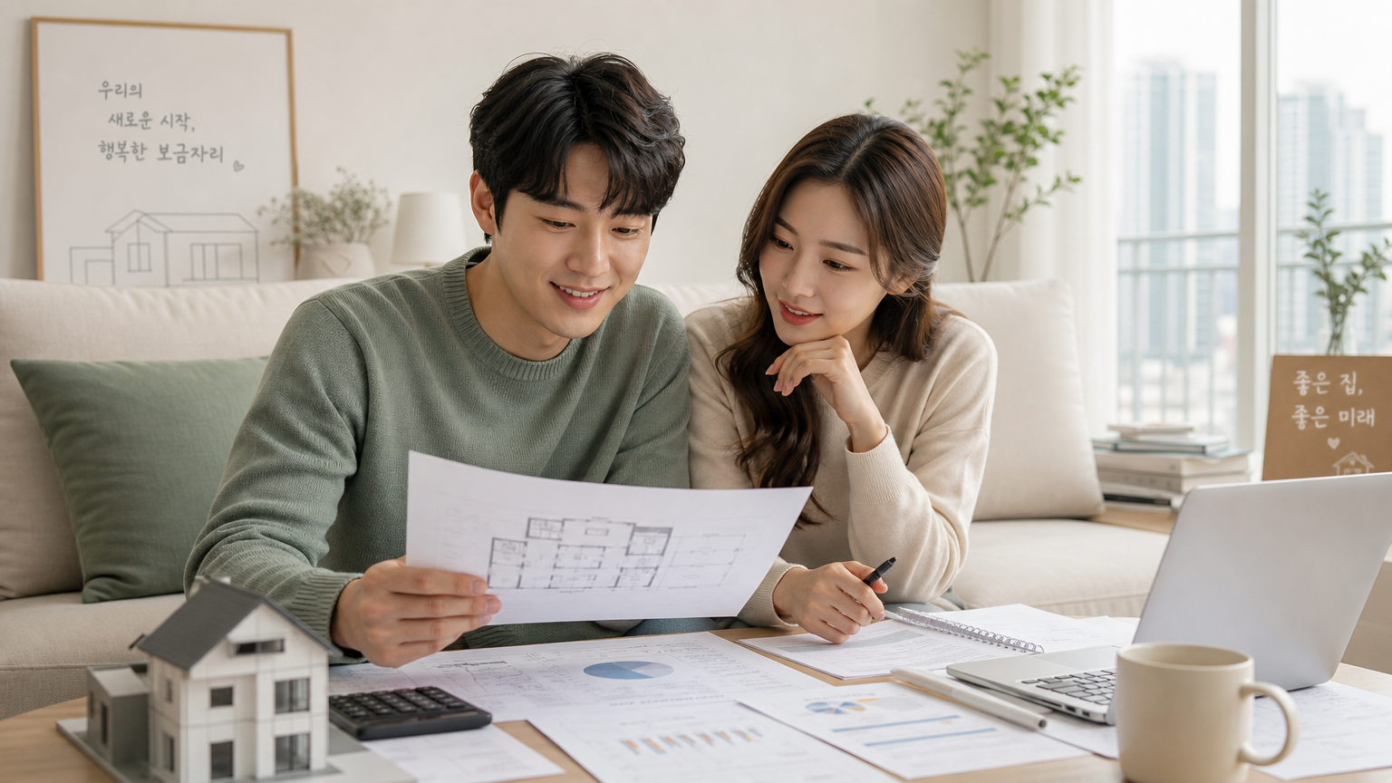새 아파트 거실에서 주택 계획과 재무 문서를 검토하는 커플