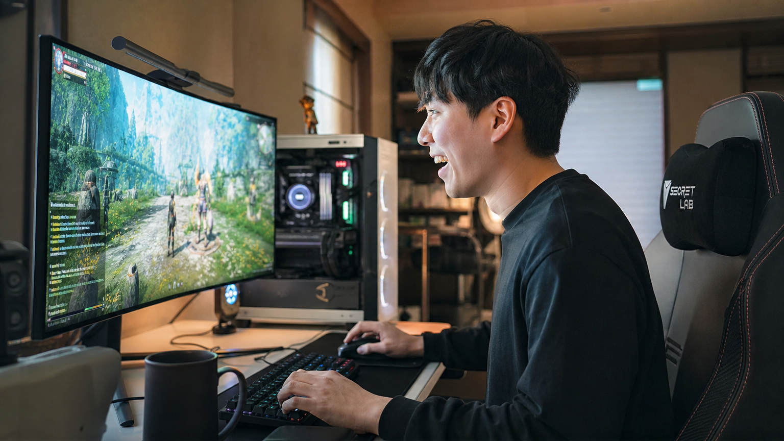 20대 한국 게이머가 책상에 앉아 오픈월드 RPG 게임을 즐기고 있는 모습