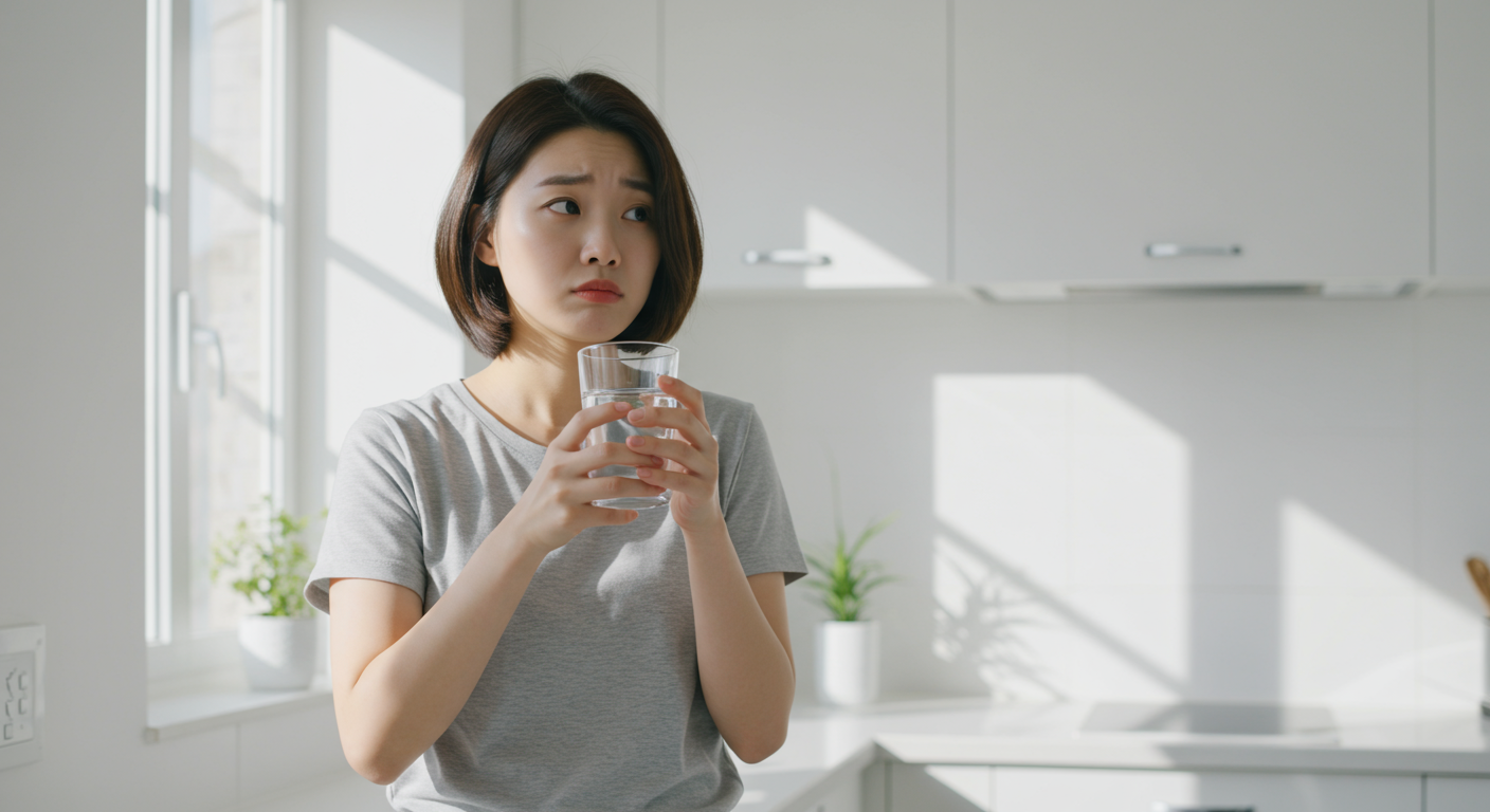 현대식 주방에서 물잔을 들고 건강 위험성을 고민하는 모습의 인물
