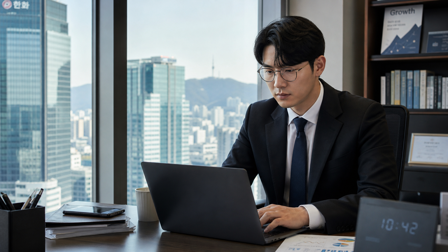 서울의 현대적 사무실에서 노트북으로 주식 데이터를 검토하는 금융 분석가