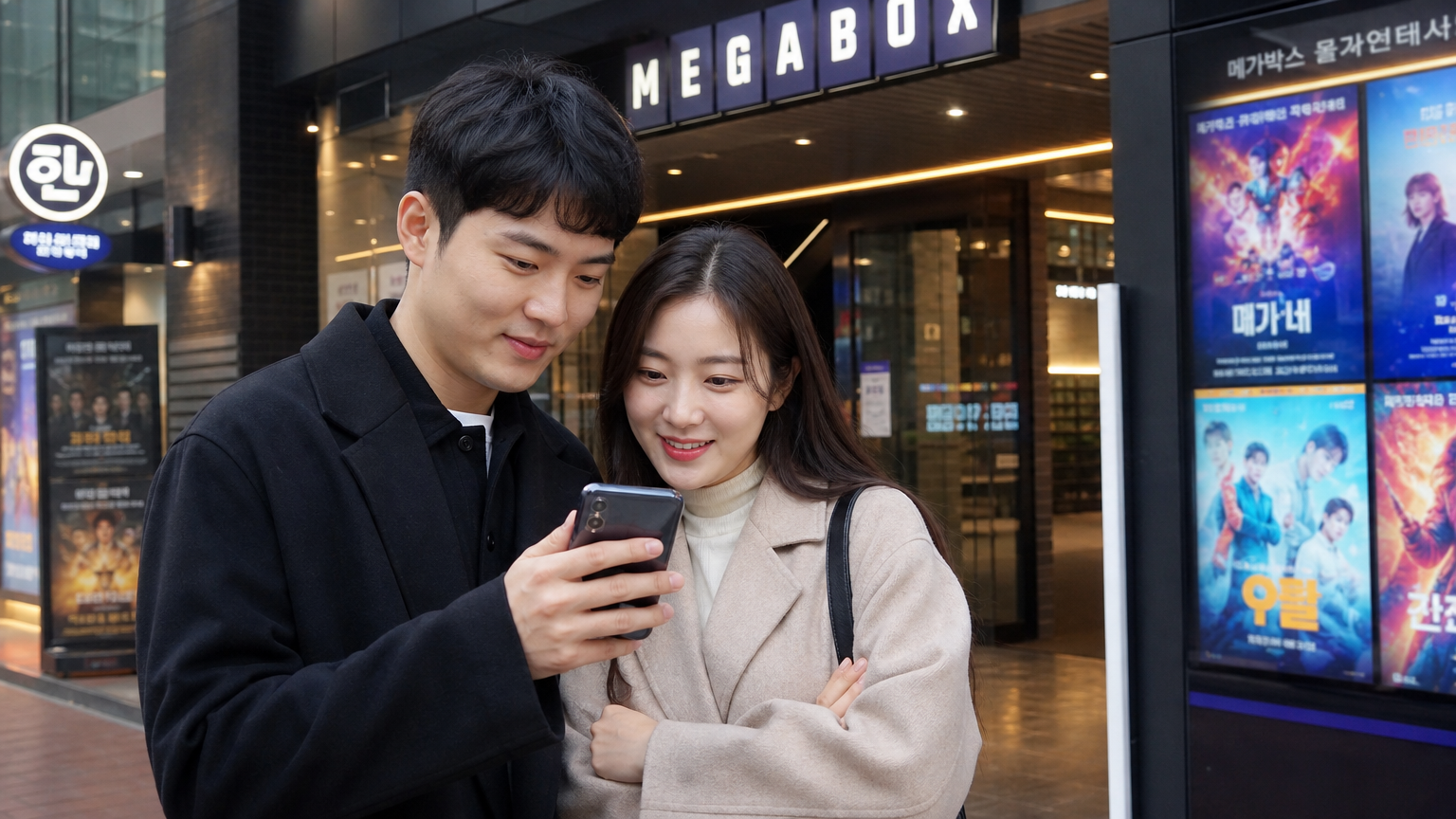 한국 커플이 스마트폰으로 영화 상영일정을 확인하는 모습