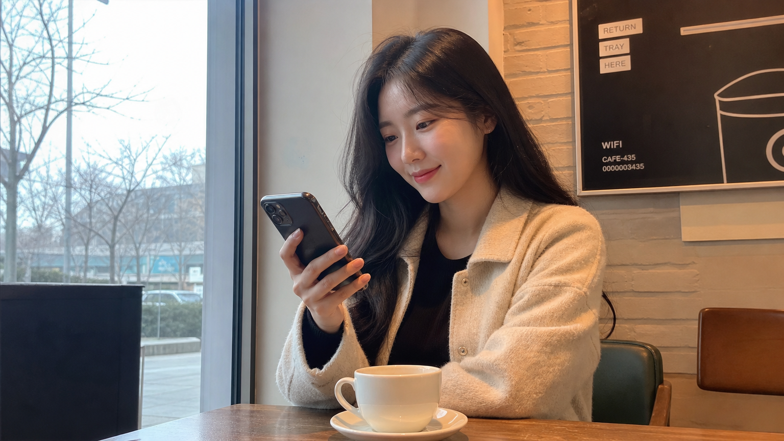 젊은 여성이 카페에서 모바일 앱으로 실시간 영화 일정을 확인하는 모습