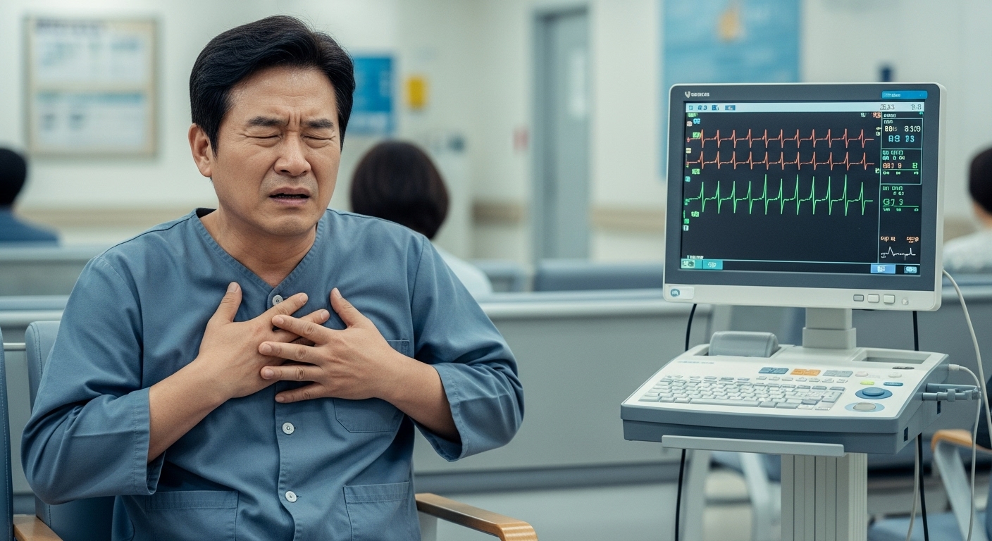 가슴 통증으로 병원 대기실에서 기다리는 환자