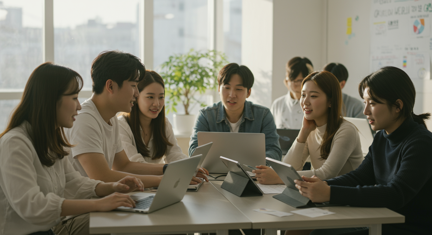 젊은 성인들이 현대식 코워킹 스페이스에서 금융 혜택을 논의하는 모습