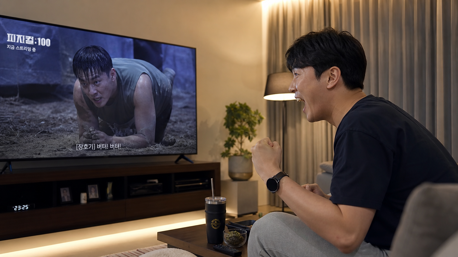 현대적인 거실에서 서바이벌 게임을 시청하는 남성