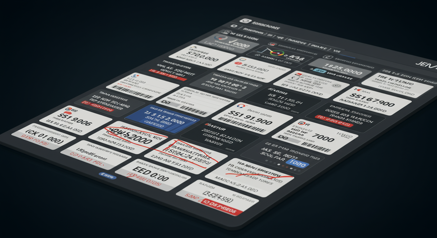 다양한 금융 거래 차단 내용을 보여주는 디지털 화면 인터페이스