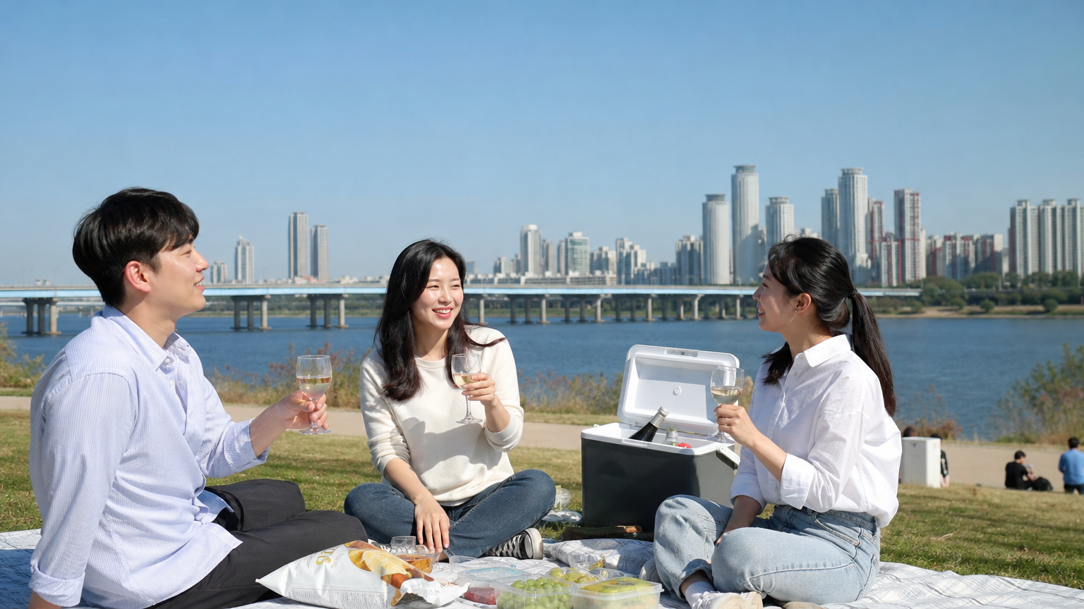 한강변에서 보냉백과 일회용 와인잔으로 음료를 즐기는 친구들