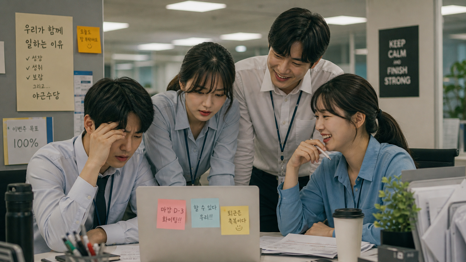 사무실에서 동료들과 대화하며 스트레스와 동료애를 나누는 모습
