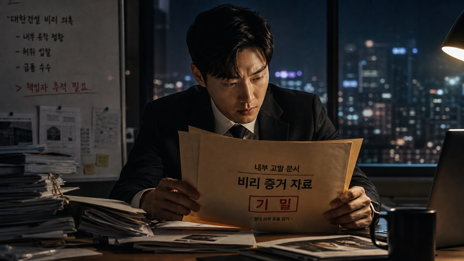 어두운 사무실에서 서류를 검토하며 충격적인 진실을 발견하는 사업가의 모습