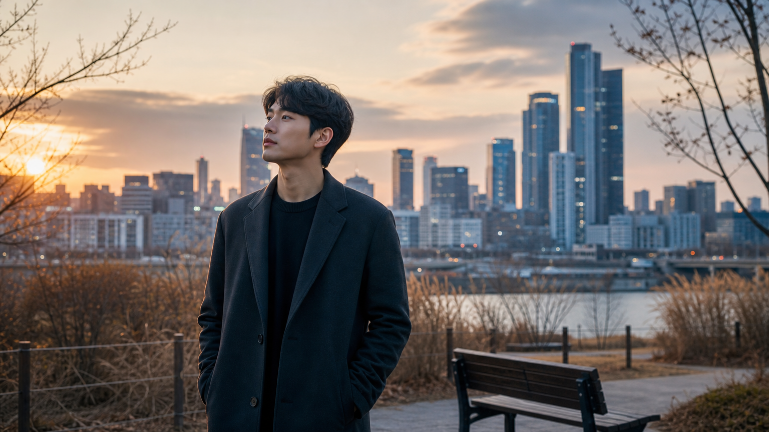 도심 공원에서 삶을 고민하며 홀로 서 있는 남성의 사색적인 모습
