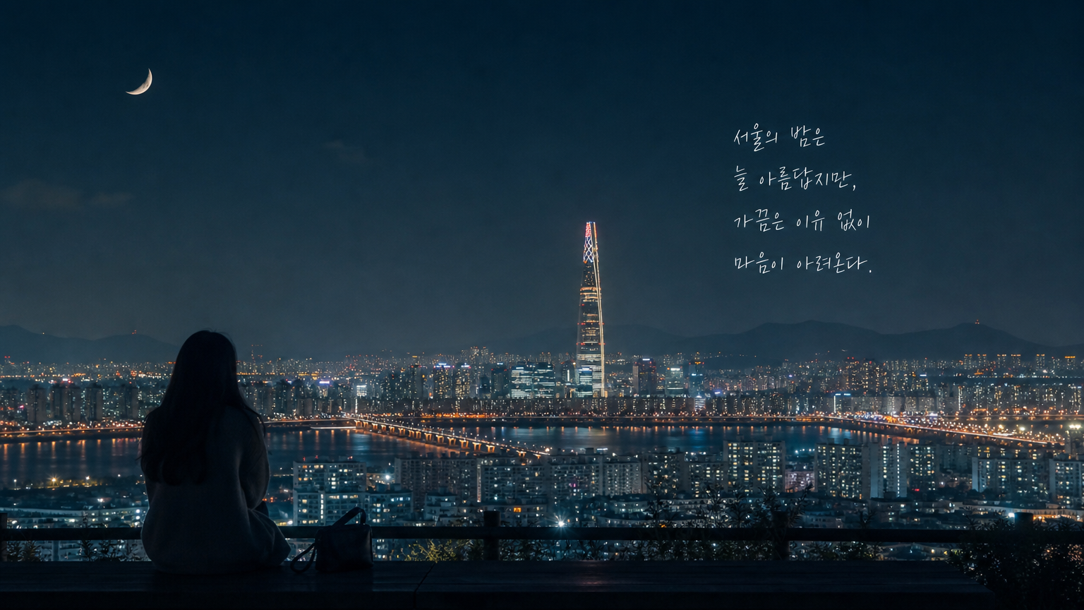 서울 야경 아래 잔잔하게 흐르는 음악으로 노스탤지어와 그리움을 느끼는 분위기
