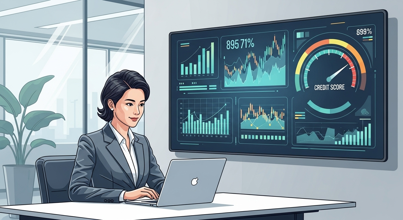 현대적인 금융 상담사가 책상에 앉아 신용 점수 차트를 보여주는 디지털 화면을 배경으로 한 모습