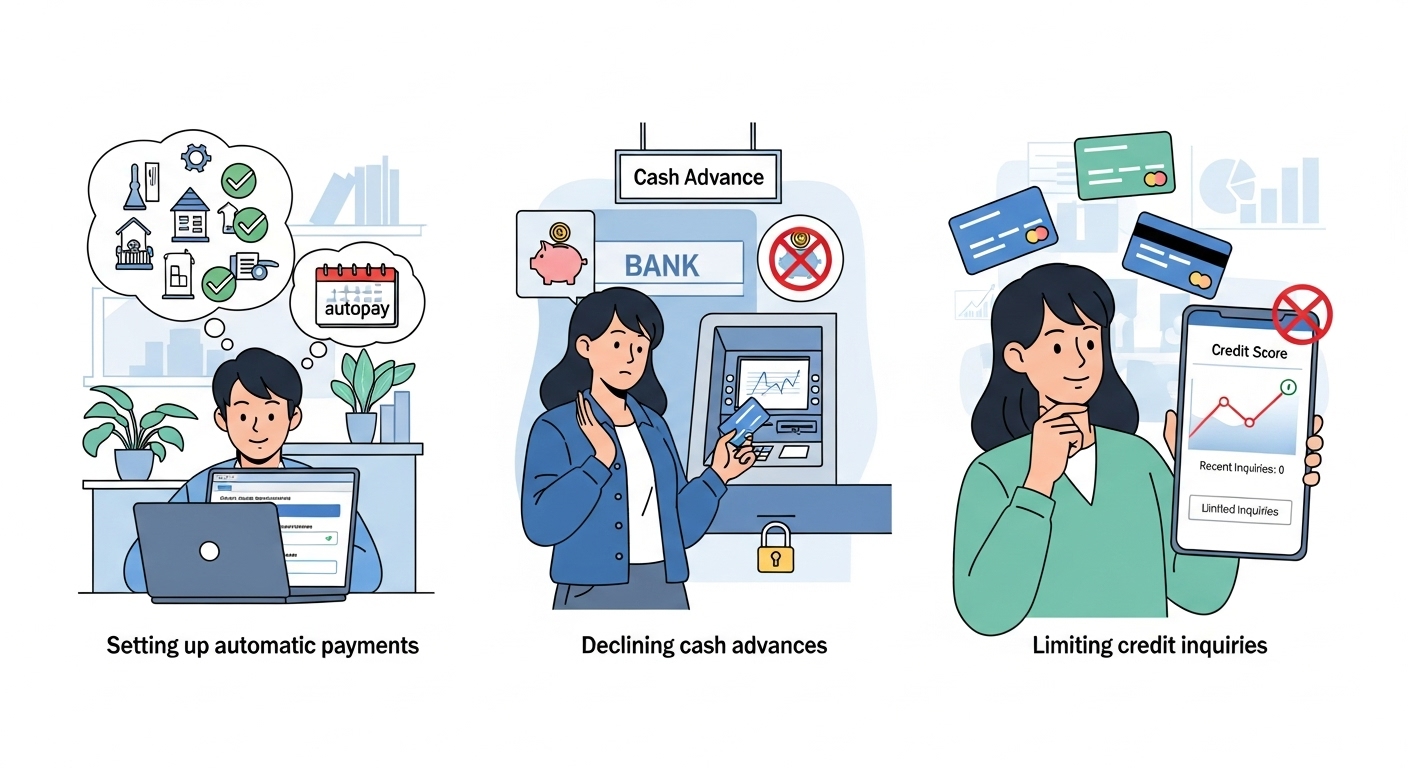 자동이체 설정과 현금서비스 거절 및 신용 조회 제한을 통해 금융 함정을 피하는 세 가지 장면