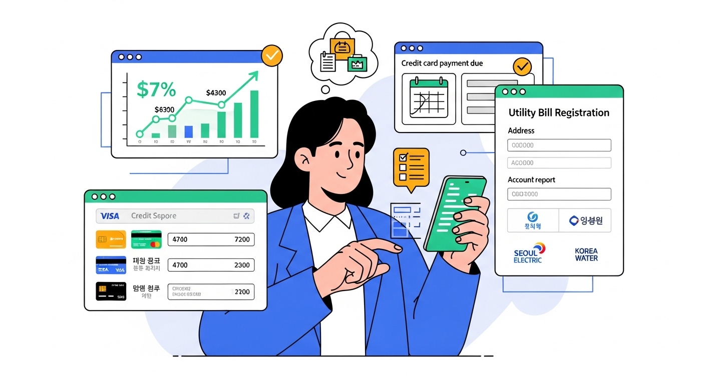 젊은 성인이 신용카드 사용과 공공요금 등록 등을 통해 신용 점수를 개선하는 여러 작업을 균형있게 수행하는 모습