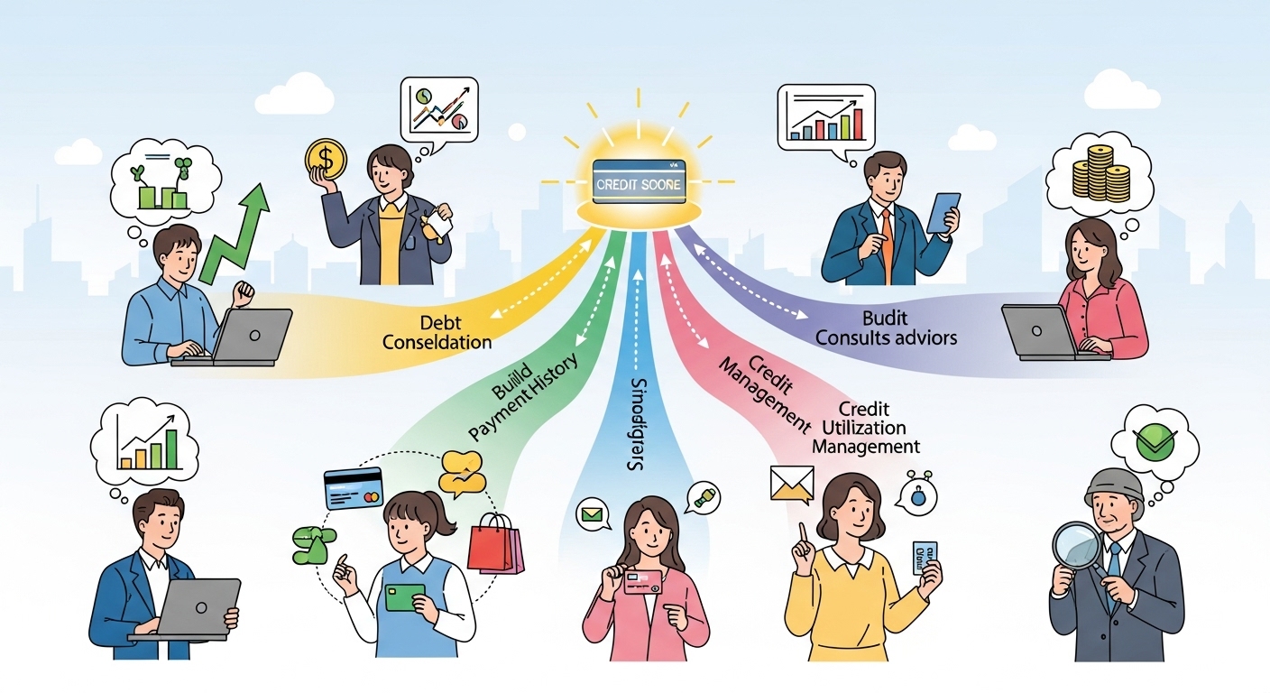 각기 다른 출발점을 가진 한국인들이 자신의 현재 상태에 따라 맞춤형 전략을 실행하며 신용 점수를 향상시키는 모습