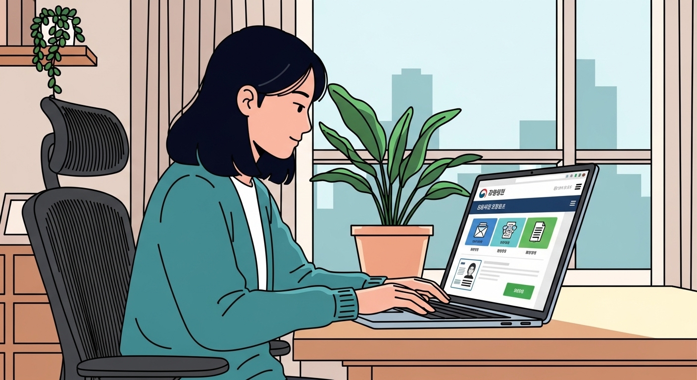 집에서 정부 웹사이트를 통해 온라인으로 서류를 발급받는 모습