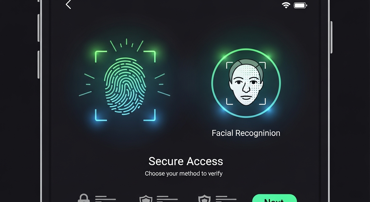 지문과 얼굴 인식 아이콘을 포함한 다양한 인증 방법이 디지털 기기 화면에 표시됨