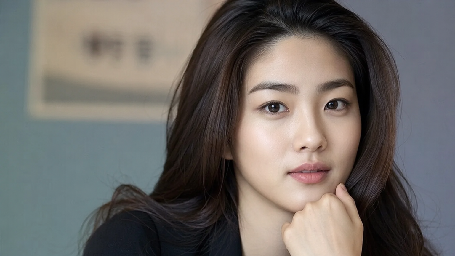 두꺼운 아치형 눈썹과 풍성한 머리숱으로 신선하고 강한 매력을 발산하는 젊은 한국 여배우의 모습