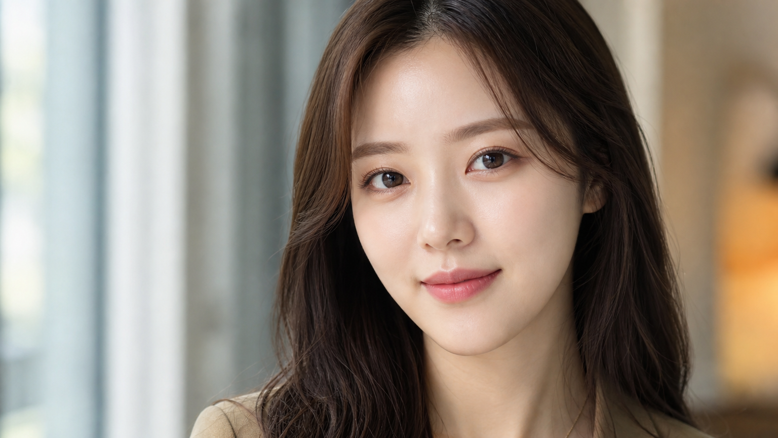 밝게 염색된 세미 아치형 눈썹으로 부드럽고 우아한 인상을 주는 현대적인 한국 여성
