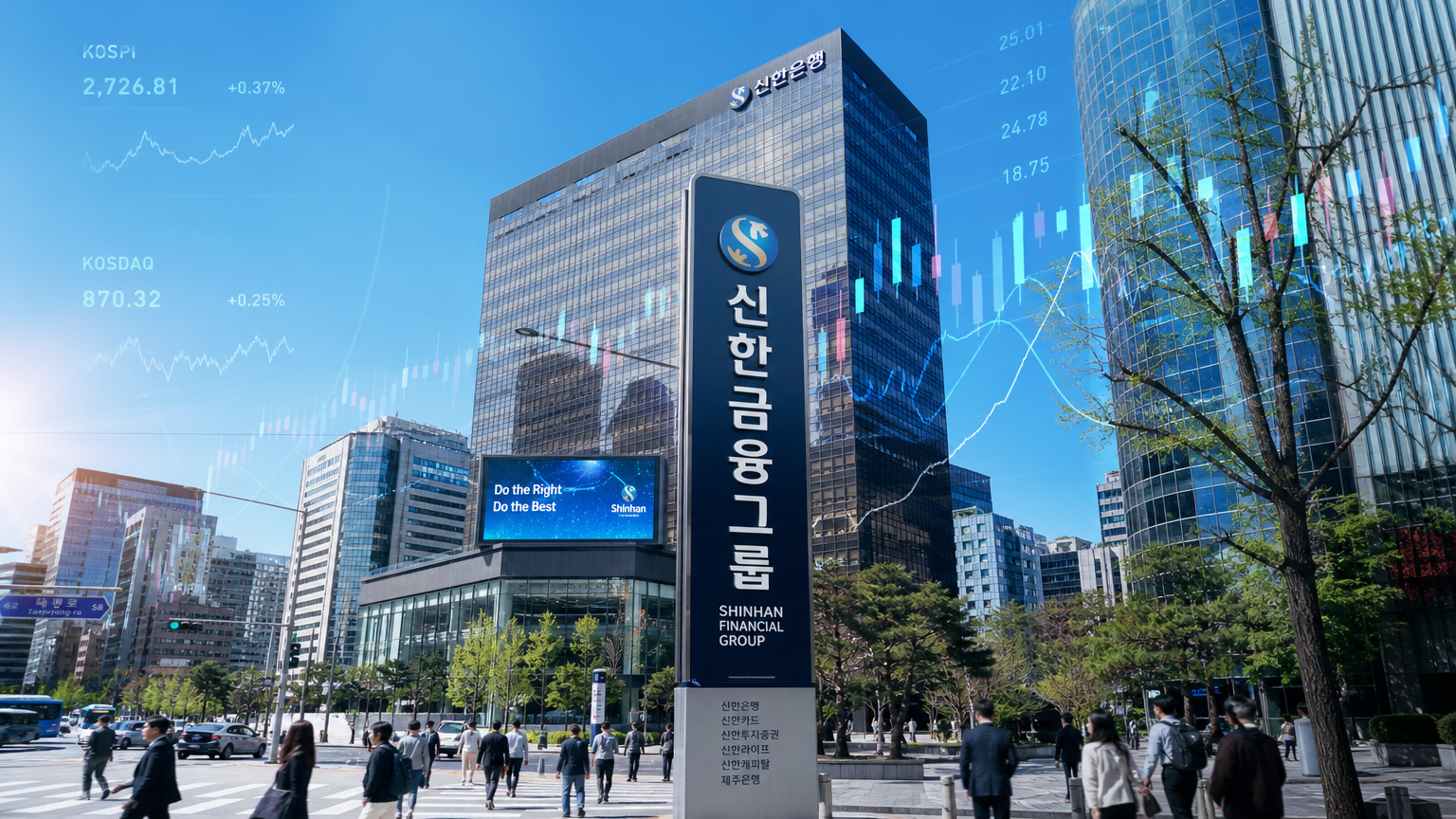 대형 금융사의 현대적인 오피스 건물과 번화한 거리 풍경