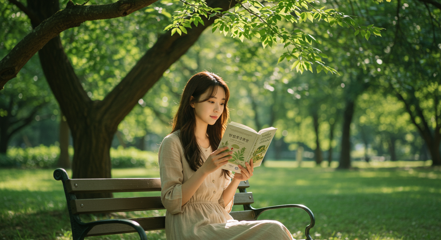 평화로운 공원에서 나무 아래 홀리스틱 힐링에 관한 책을 읽고 있는 현대 여성의 모습.