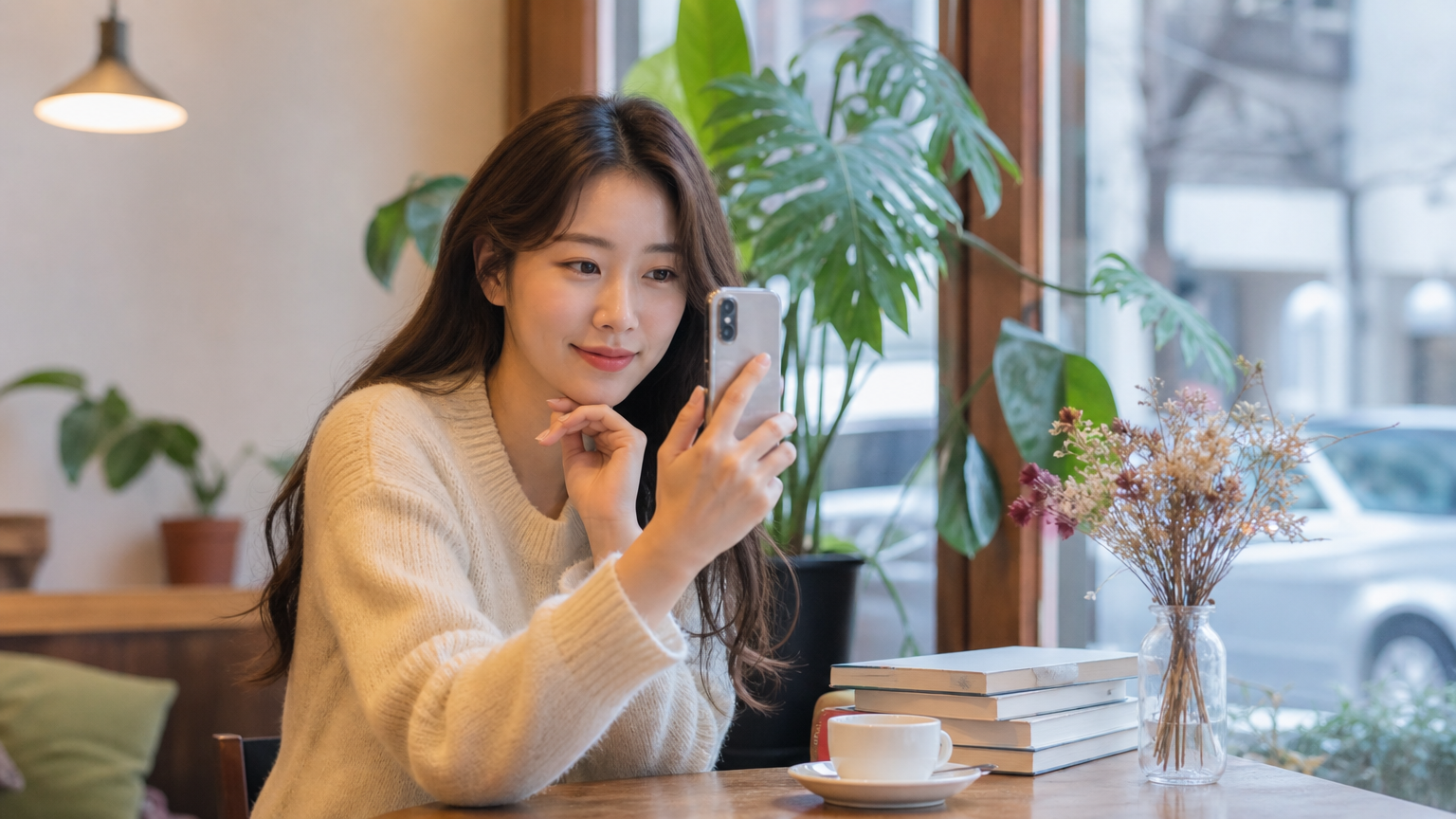 도심 카페에서 긍정적인 메시지를 SNS에 공유하는 여성