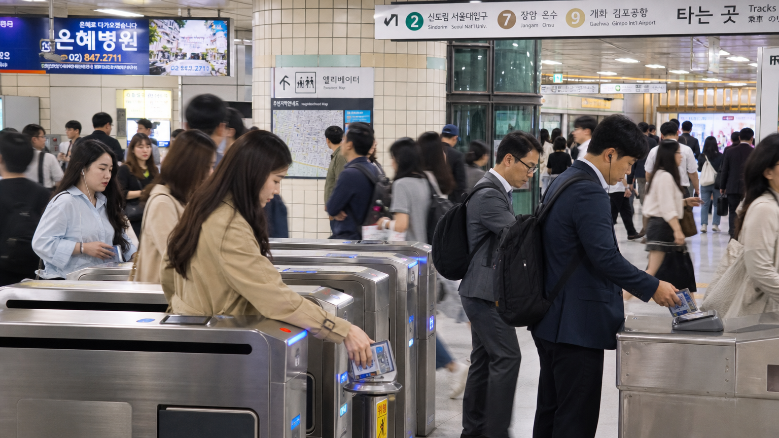 기후 동행 카드를 사용하여 자동 개찰구를 통과하는 출퇴근 시간의 분주한 지하철역 모습