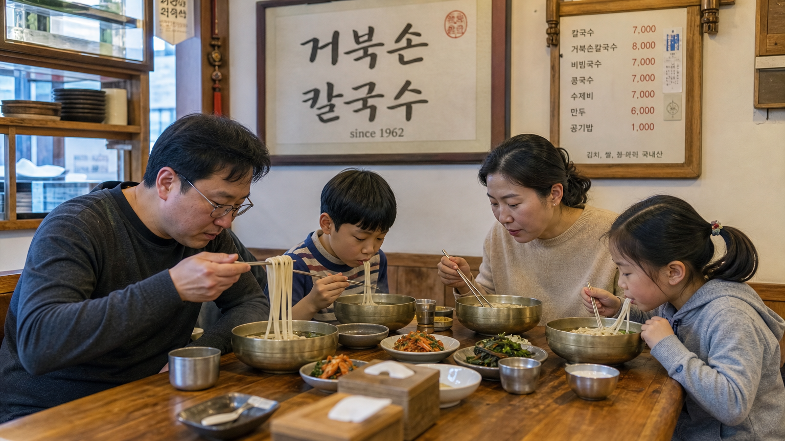 대구 전통 국숫집에서 손칼국수를 즐기는 가족 모습
