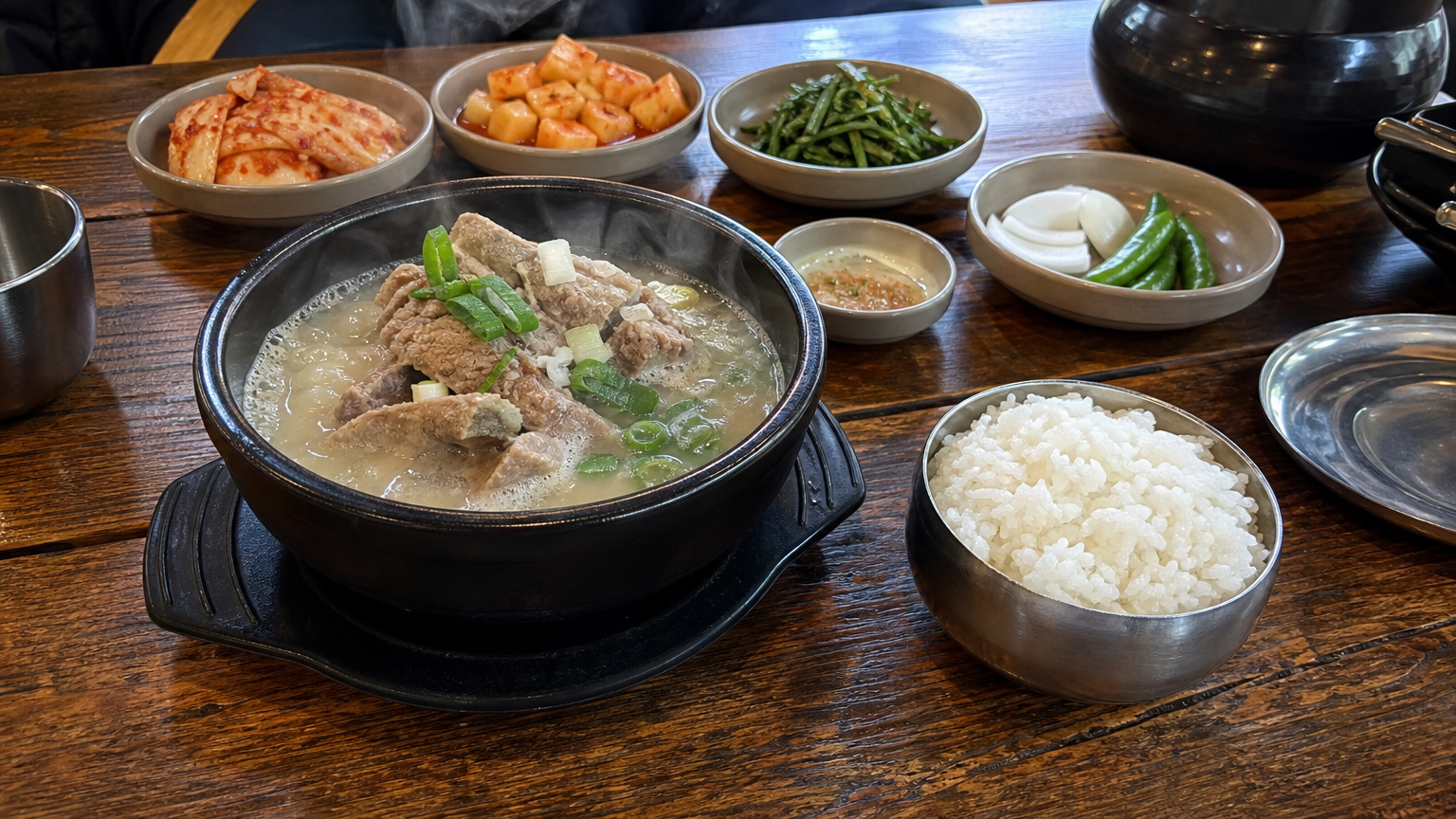 아늑한 식당에서 다양한 반찬과 함께 제공되는 제주의 접짝뼈국