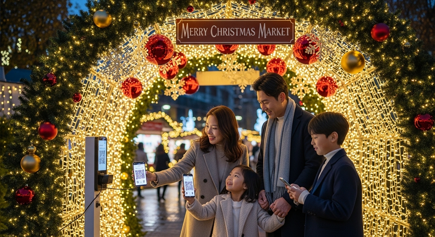 가족이 스마트폰으로 QR 코드를 스캔하여 입장하는 모습