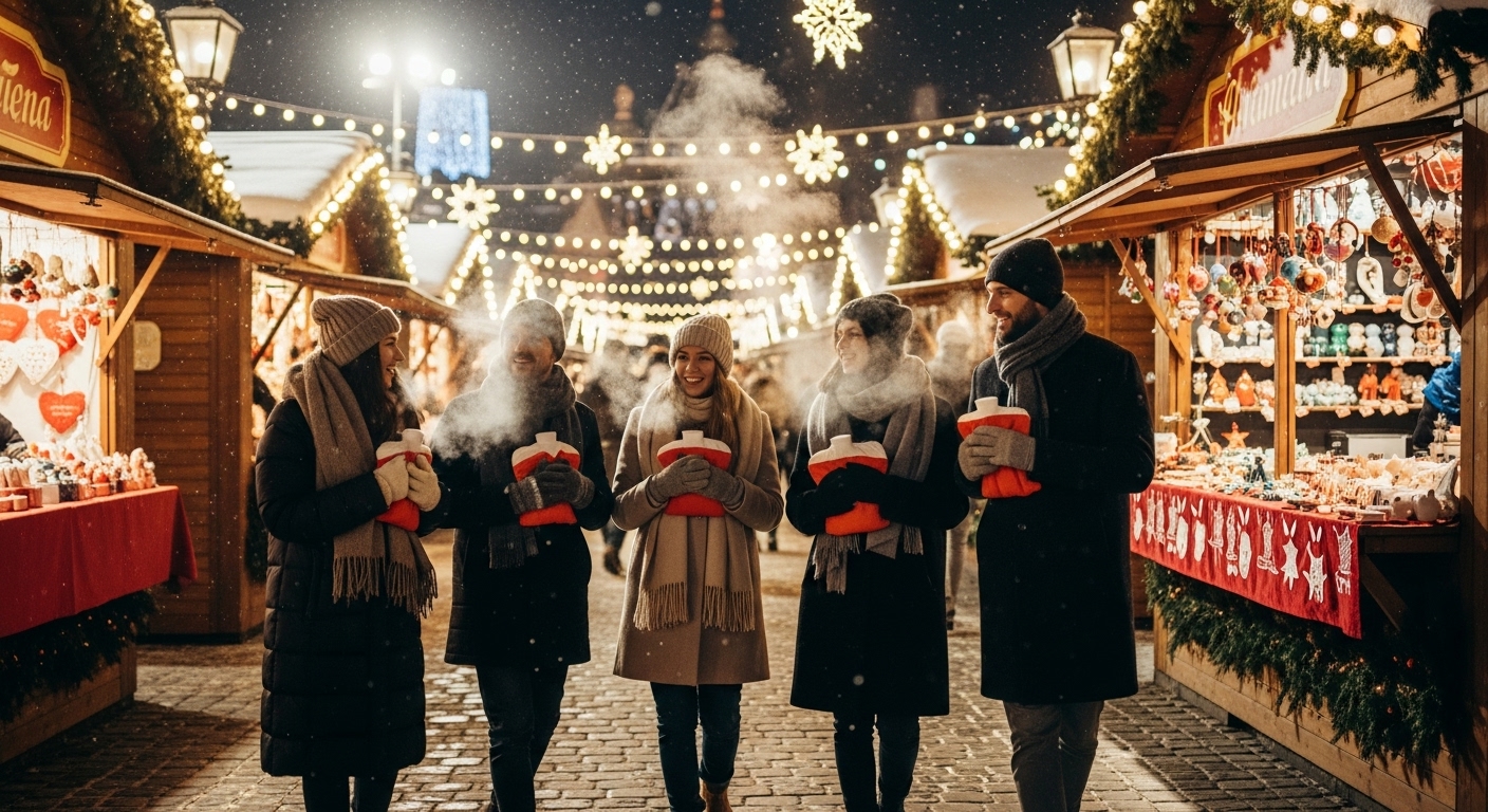 따뜻한 옷을 입고 야외 크리스마스 마켓을 둘러보는 친구들