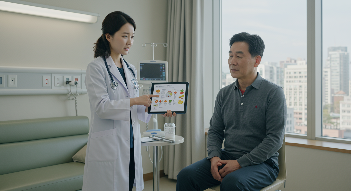 현대적인 병원에서 의사가 환자에게 대장내시경 후 식사 지침을 설명하는 모습