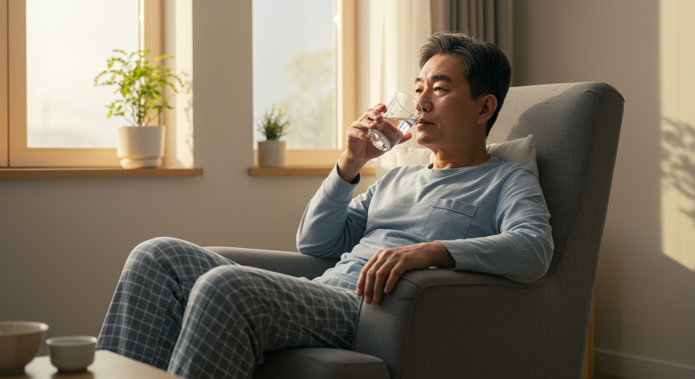 가정에서 편안한 자세로 미지근한 물을 마시는 환자의 모습