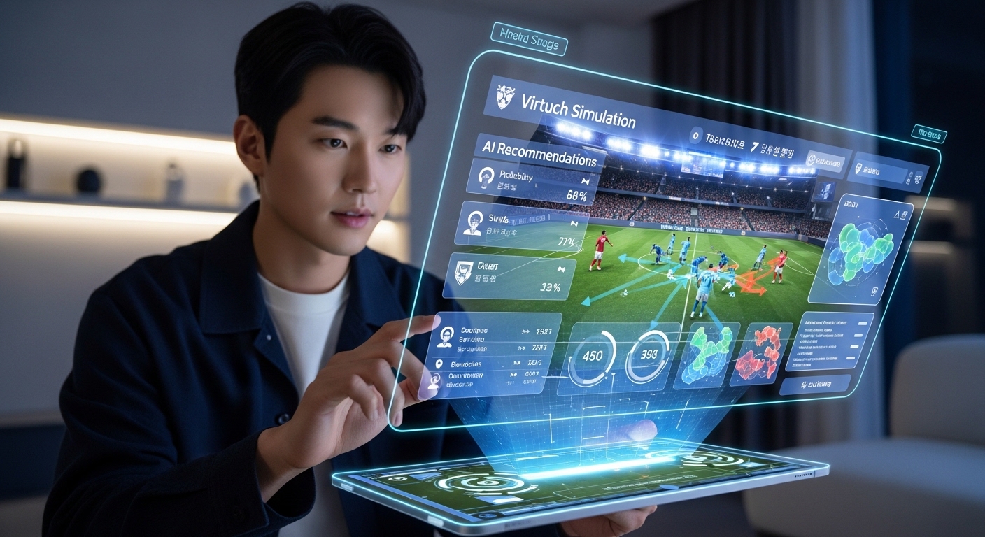 첨단 앱을 사용해 가상 경기 시뮬레이션과 AI 추천을 받는 기술 지향적인 사람