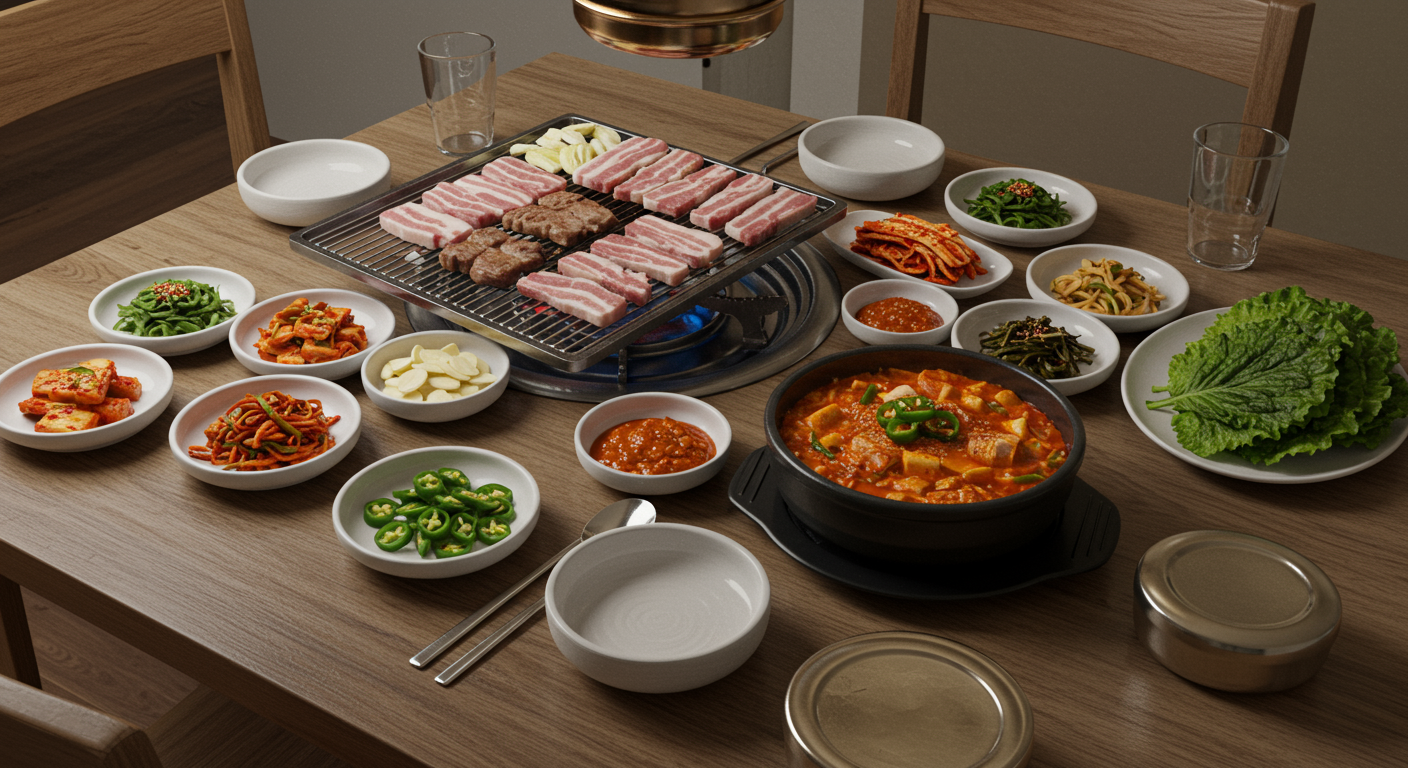 구운 고기와 찌개 옆에 작은 그릇들로 차려진 피클 접시가 놓인 초대받는 가족 식사 테이블