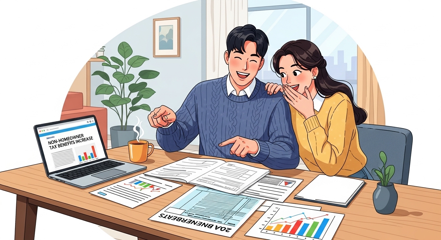 세금 혜택에 대한 서류를 검토하며 기뻐하는 젊은 부부